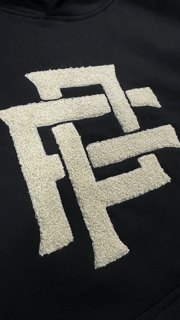 MONOGRAM BLACK CHENILLE HOODIE.