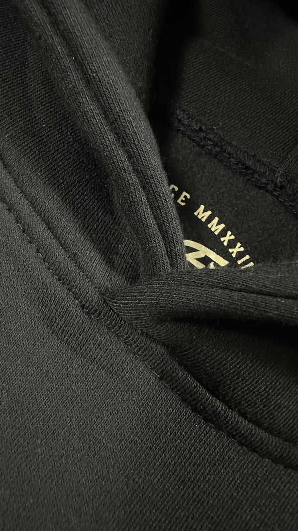 MONOGRAM BLACK CHENILLE HOODIE.