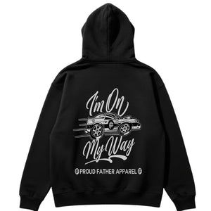 Black hoodie with white text and car graphic on the back, displayed on a white background.