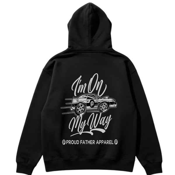 Black hoodie with white text and car graphic on the back, displayed on a white background.