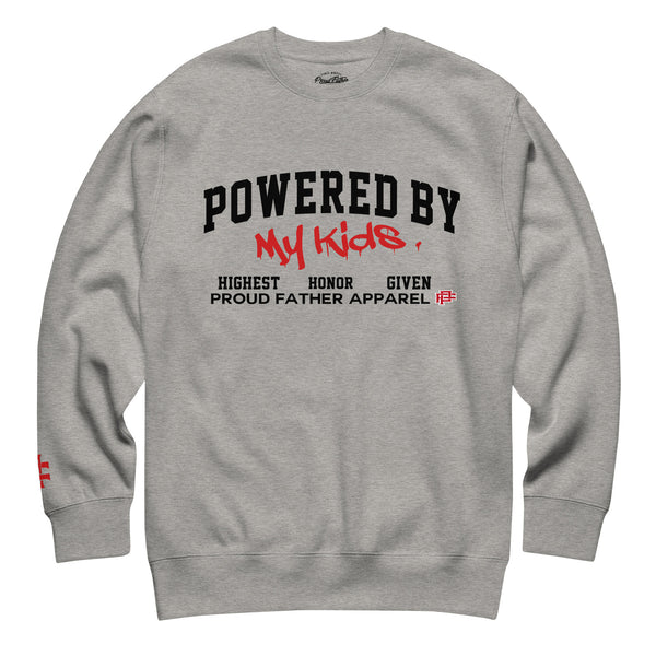Gray sweatshirt with 'Powered by My Kids' text on a white background