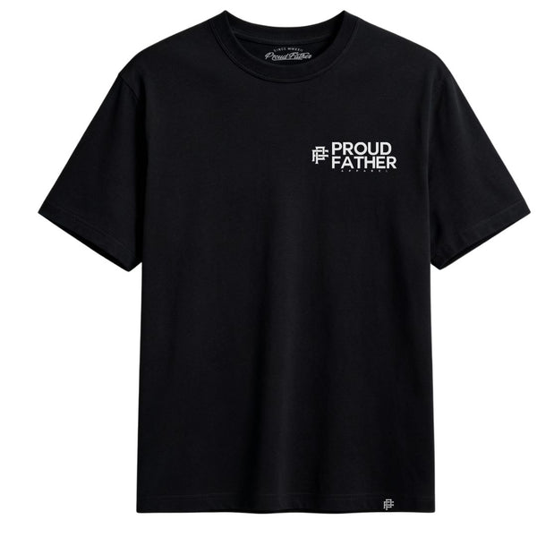 Black t-shirt with 'Proud Father' text on a white background