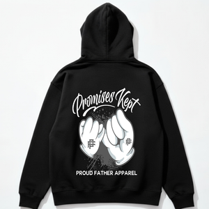 Black hoodie with 'Promises Kept' and 'Proud Father Apparel' text on a white background