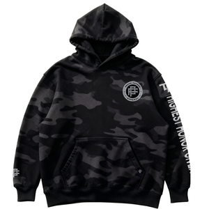 Black camouflage hoodie with branding on a white background