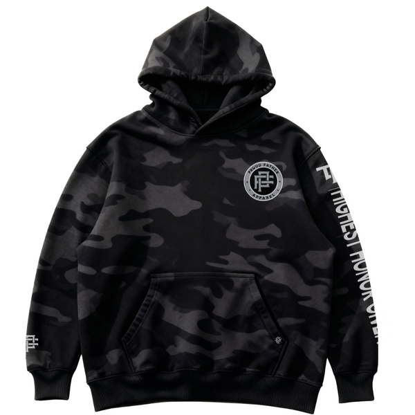 Black camouflage hoodie with branding on a white background