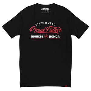 Black t-shirt with red and white text on a white background