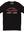 Black t-shirt with red and white text on a white background