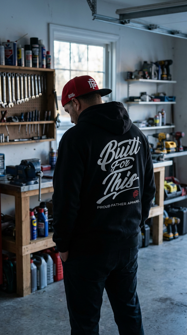 Person wearing a hoodie with 'Built for This' text in a workshop setting