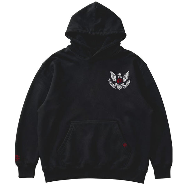 Black hoodie with a logo on the chest against a white background