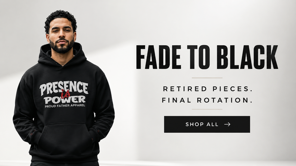 A man wearing a black hoodie with 'PRESENCE OF POWER' printed on the front, standing against a light gray background next to promotional text that reads 'FADE TO BLACK' and 'SHOP ALL'.