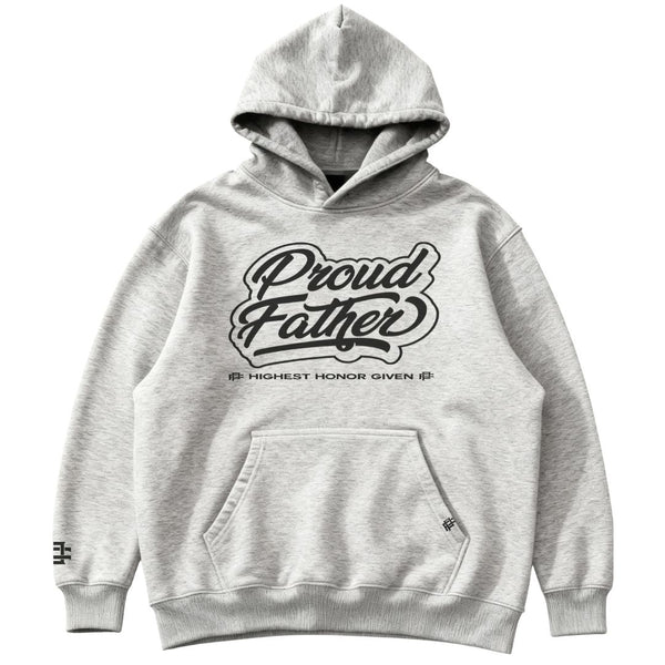 Gray hoodie with 'Proud Father' text on a white background