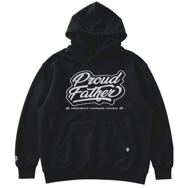 Black hoodie with 'Proud Father' text on a white background