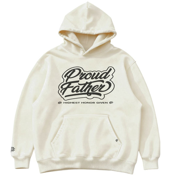 White hoodie with 'Proud Father' text on a white background