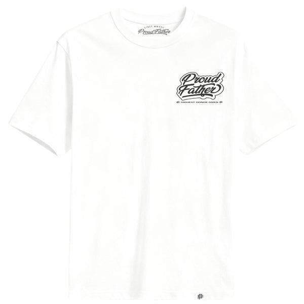 White t-shirt with 'Proud Father' text on a white background