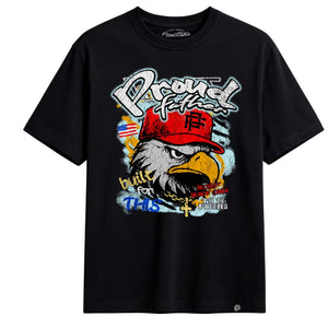 Black t-shirt with an eagle graphic and text on a white background