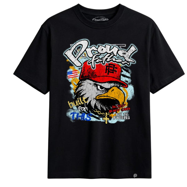 Black t-shirt with an eagle graphic and text on a white background