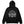 Black hoodie with white graphic design on the back on a white background