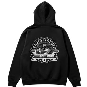 Black hoodie with white graphic design on the back on a white background