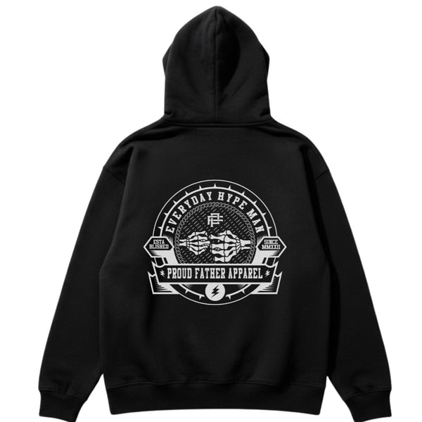 Black hoodie with white graphic design on the back on a white background