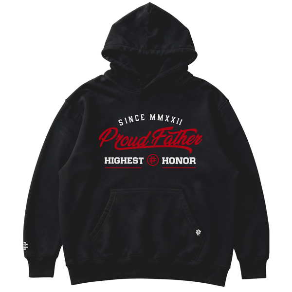 Black hoodie with red and white text on a white background