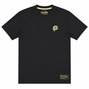 A black short-sleeve crewneck t-shirt with a gold geometric logo on the left chest and a gold brand label on the bottom hem, displayed flat against a white background.