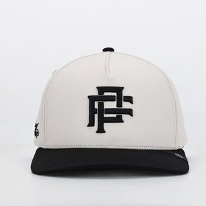 Beige cap with black logo on a white background